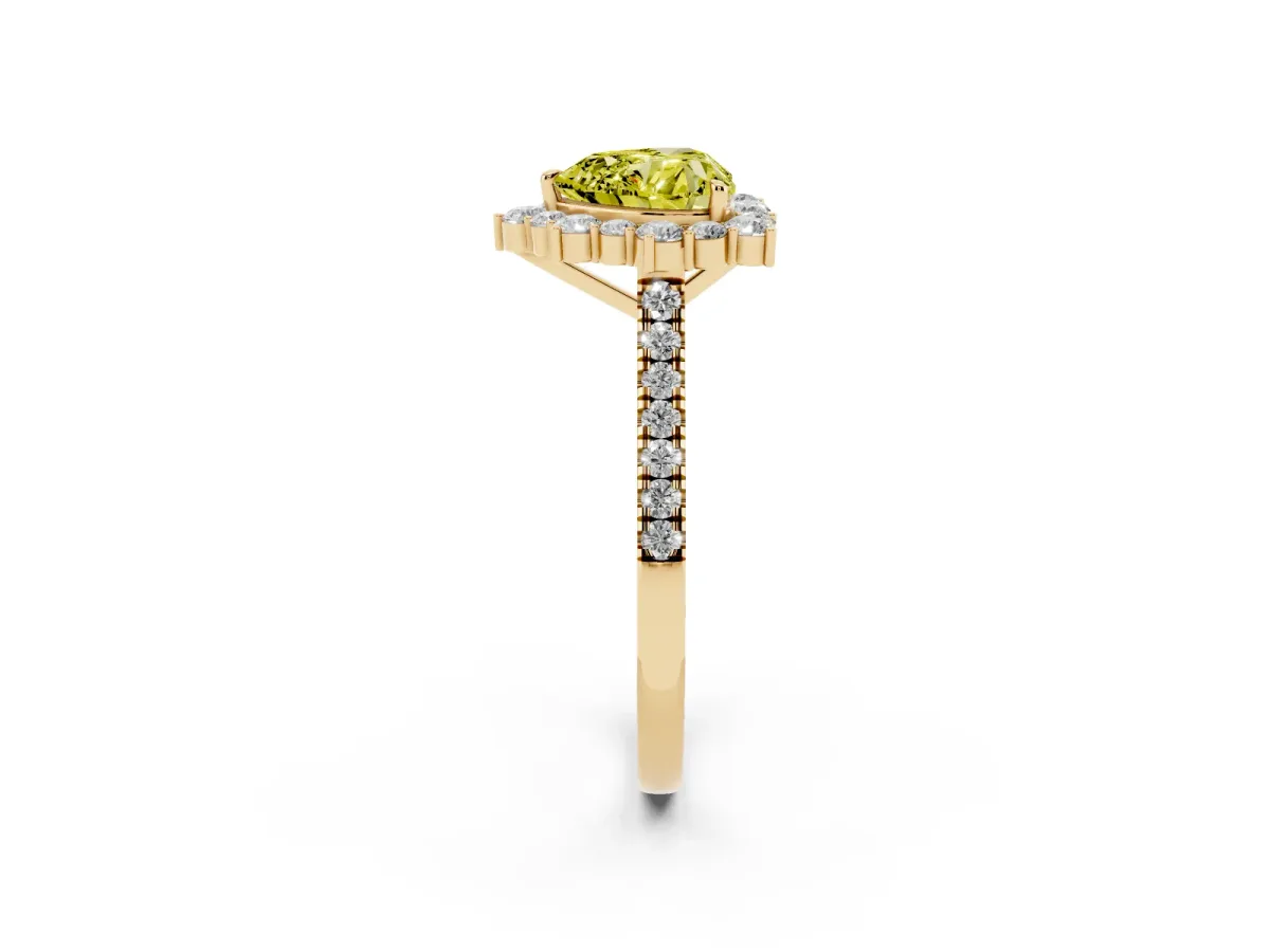 Fancy Yellow Heart Cut Halo Diamond Ring with Pavé Band and Prong Setting Yellow gold