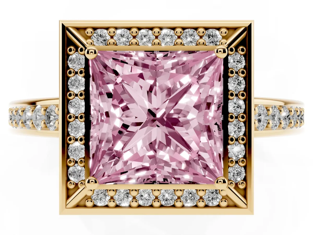 Fancy Pink Princess Cut Cut Halo Pave Split Shank Prong Setting Ring Yellow gold