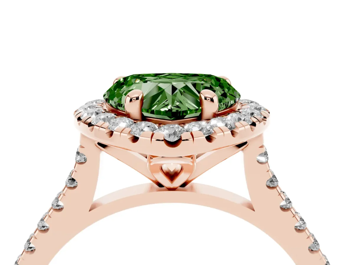 Fancy Green Heart Cut Diamond Cushion Halo Ring with Pavé Band Rose gold