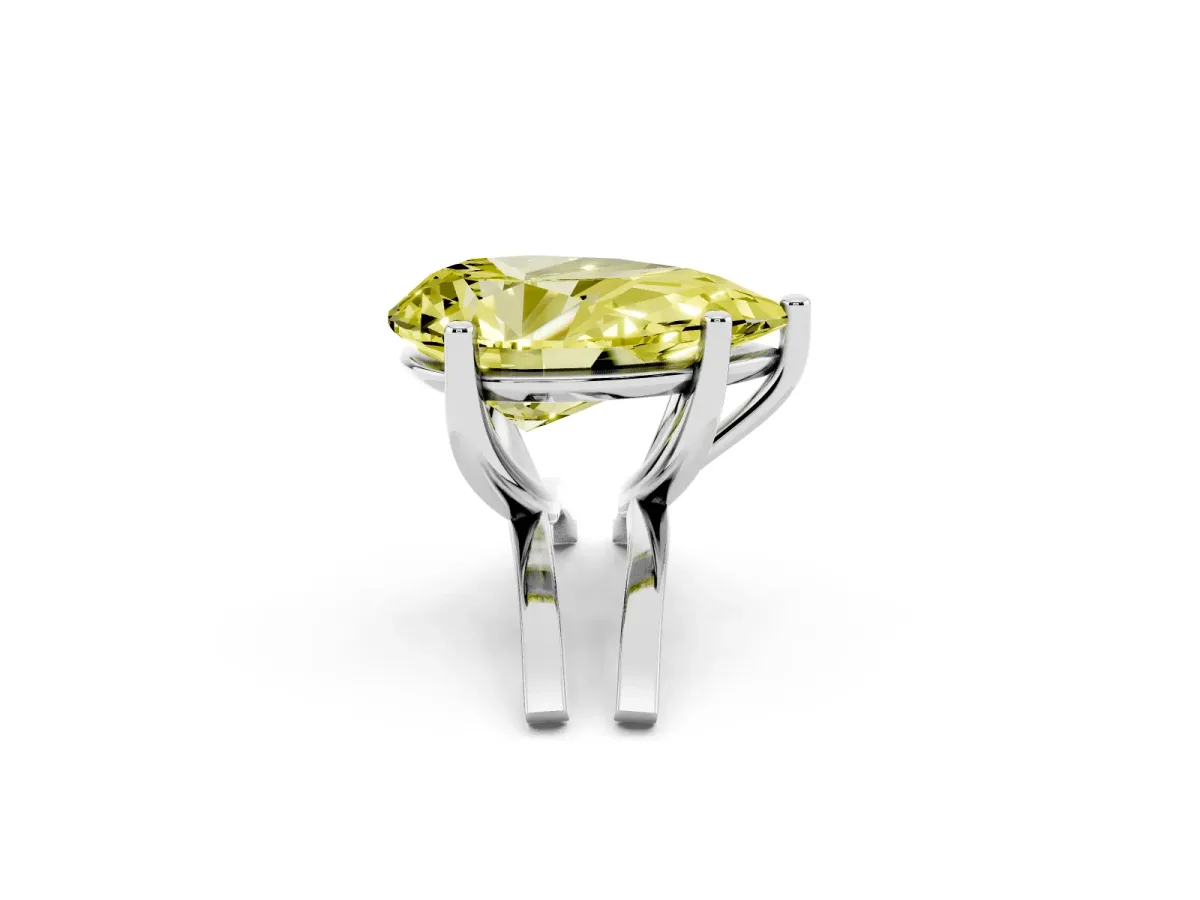 Fancy Yellow Pear Cut Cut Diamond Solitaire Engagement Ring with Tapered Plain Band and Four-Prong Setting Silver