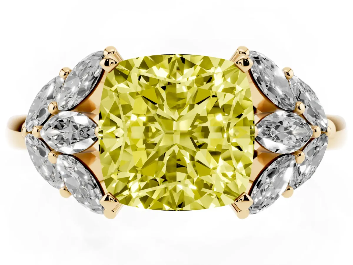 Fancy Yellow Cushion Cut Diamond Cluster Leaf Design Ring with Prong Setting Yellow gold