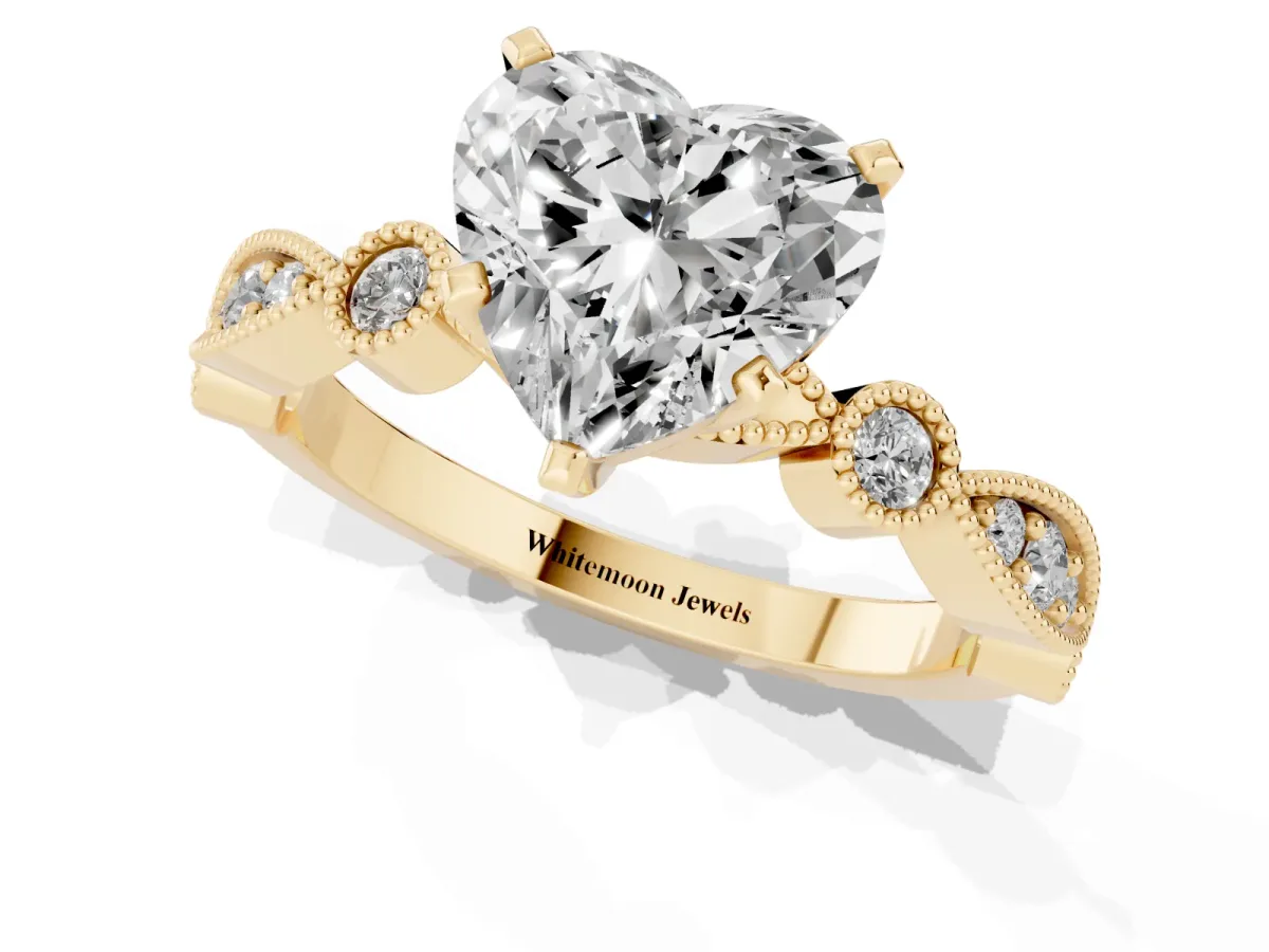 Heart Cut Milgrain Bezel Diamond Engagement Ring with Solitaire Prong Setting Yellow gold