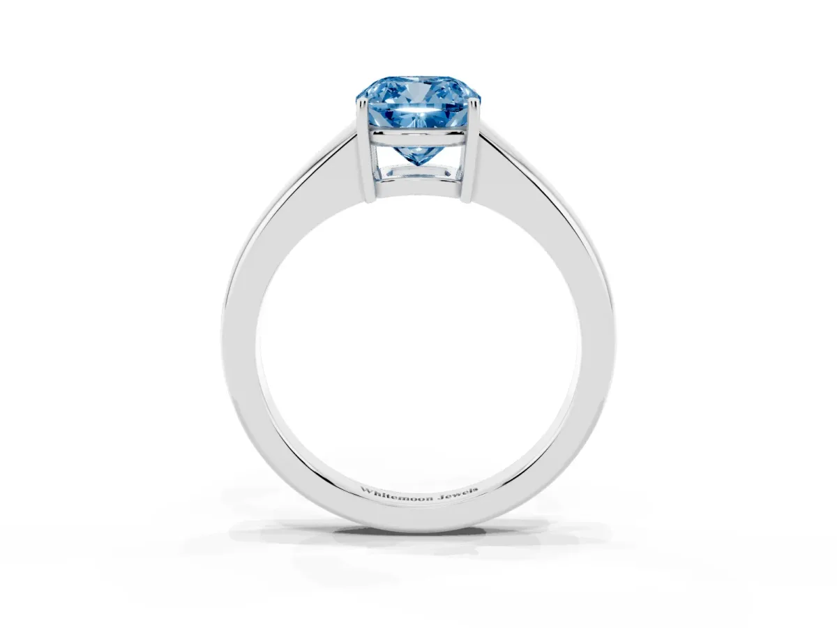 Fancy Blue Cushion Cut Solitaire Diamond Ring with Tapered Band and Four-Prong Setting Platinum