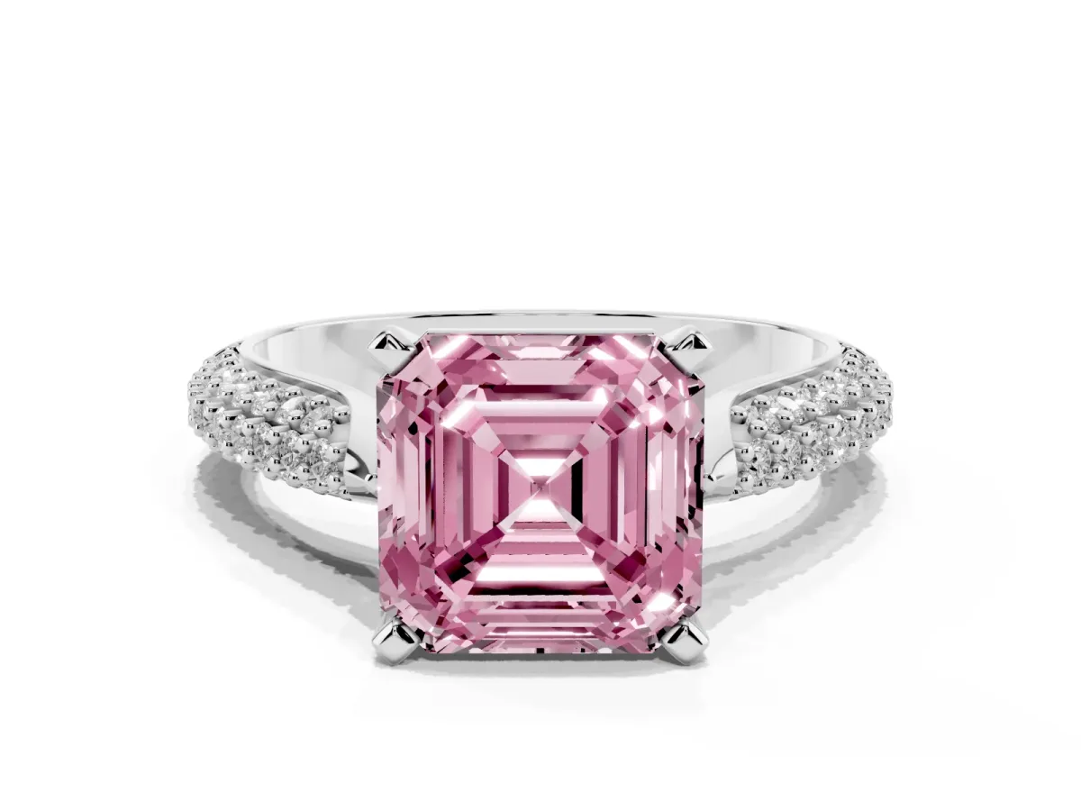 Fancy Pink Asscher Cut Diamond Solitaire Engagement Ring with Multi-Row Round Pavé Band and Prong Setting Platinum