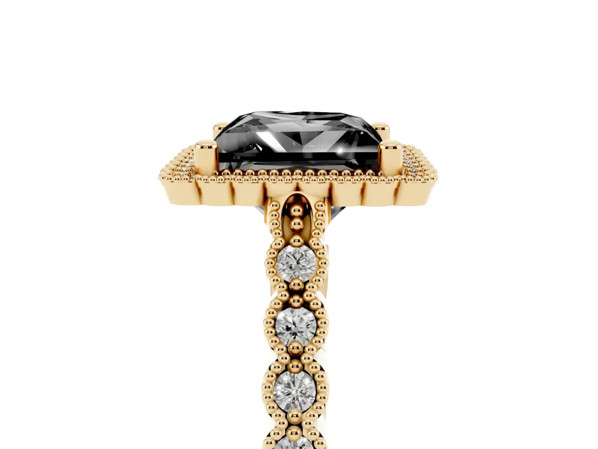 Fancy Black Princess Cut Cut Halo Pavé Solitaire Ring with Milgrain Band Yellow gold