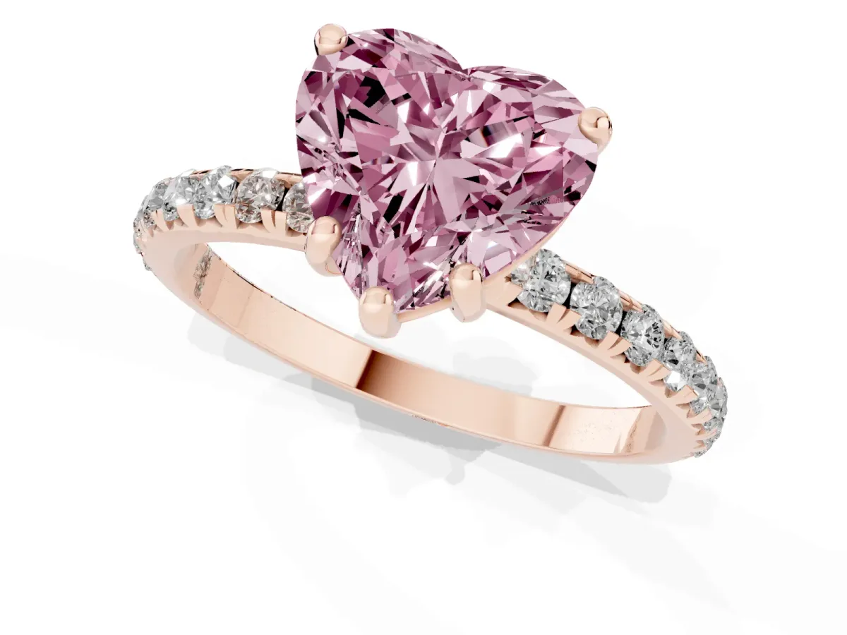 Fancy Pink Heart Cut Cut Diamond Solitaire Ring with Micro Pave Band and Four Prong Setting Rose gold
