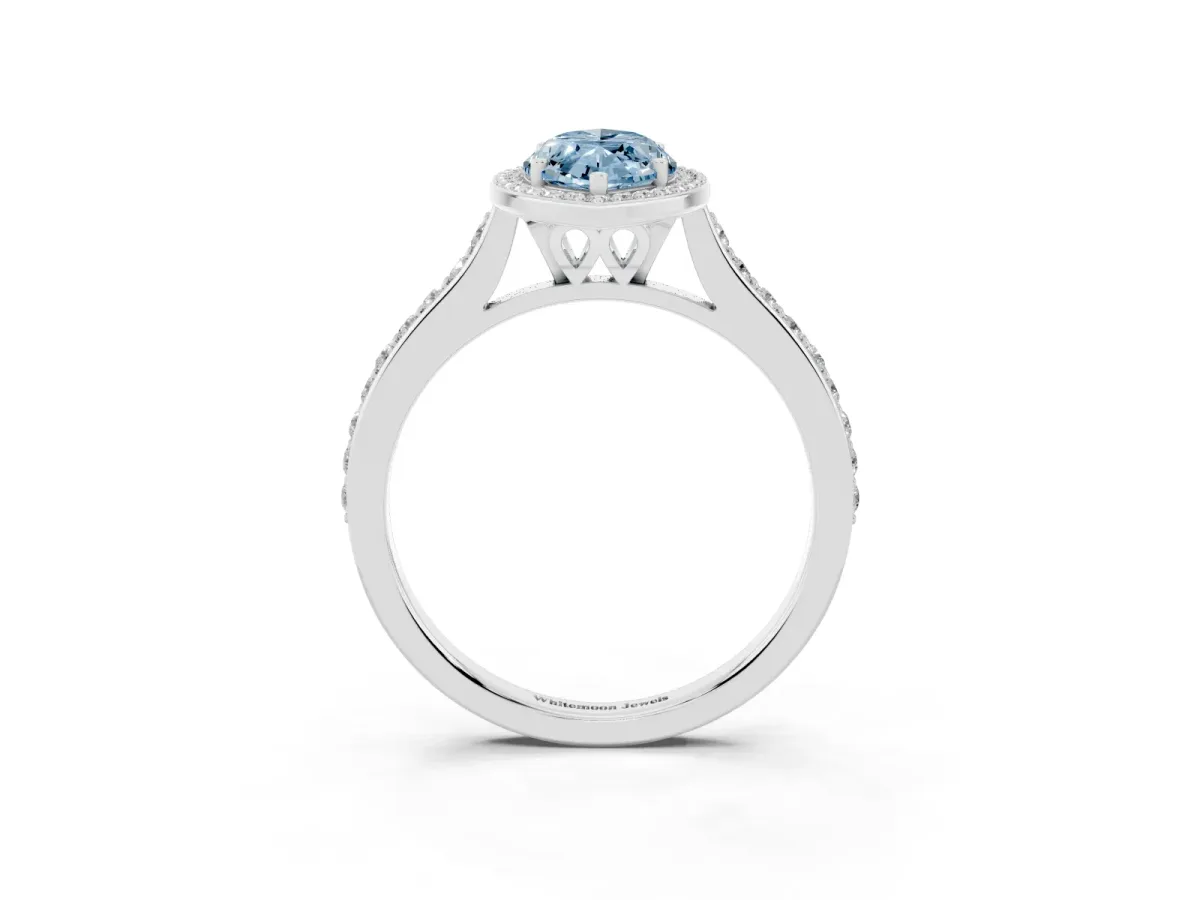 Fancy Blue Marquise Cut Diamond Halo Engagement Ring with Round Pavé Shoulders and Prong Setting Silver