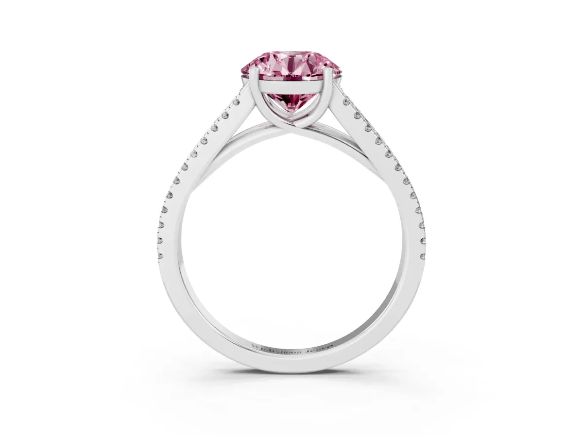 Fancy Pink Round Cut Diamond Solitaire Engagement Ring with Split Shank Pavé Band Platinum