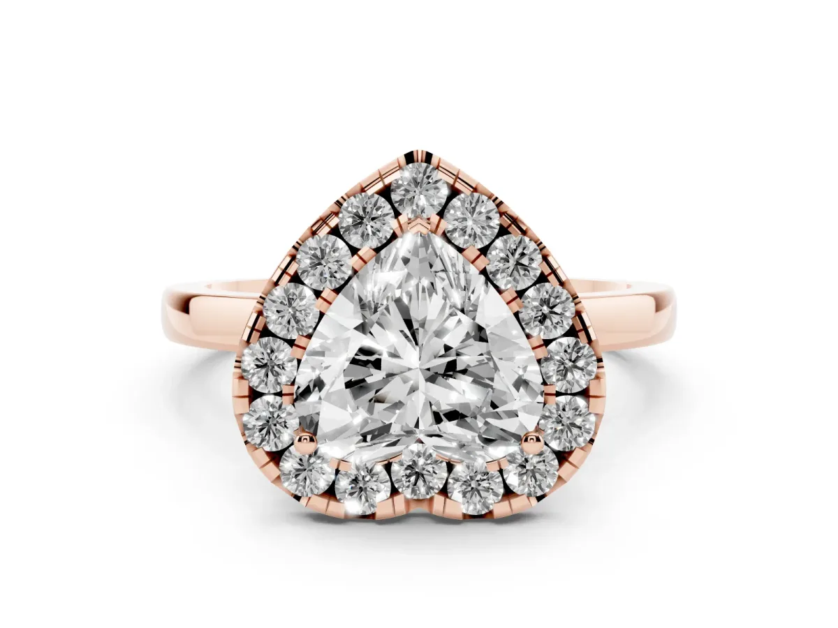 Heart Cut Halo Diamond Solitaire with Pavé Band and Four-Prong Setting Rose gold