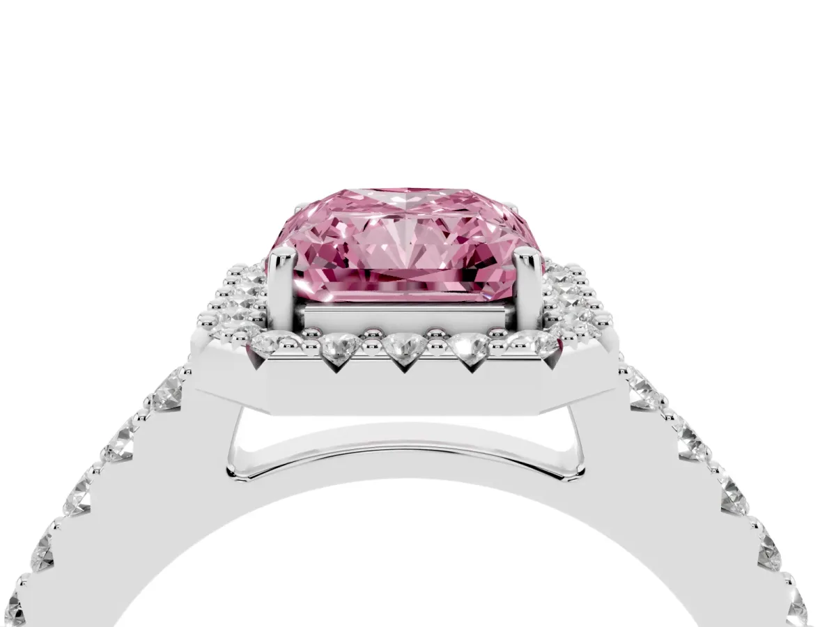 Fancy Pink Radiant Cut Halo Diamond Pavé Solitaire Ring Platinum