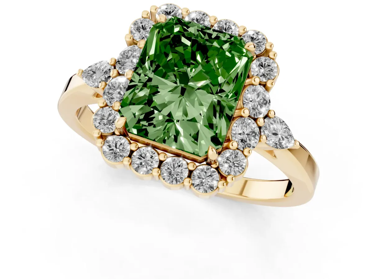 Fancy Green Radiant Cut Diamond Halo Ring with Pear Side Stones and Prong Setting Yellow gold