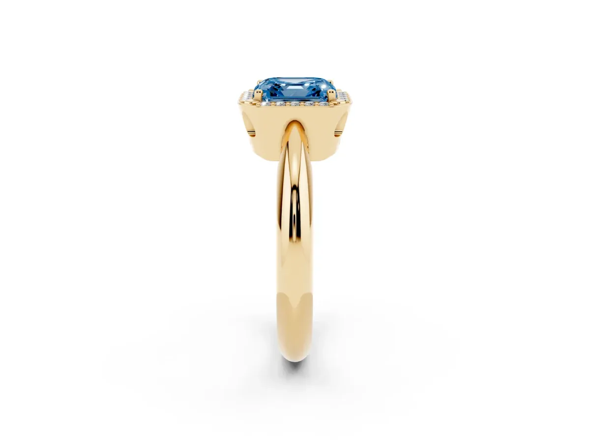 Fancy Blue Asscher Cut Cut Diamond Halo Engagement Ring with Split Shank and Four-Prong Setting Yellow gold
