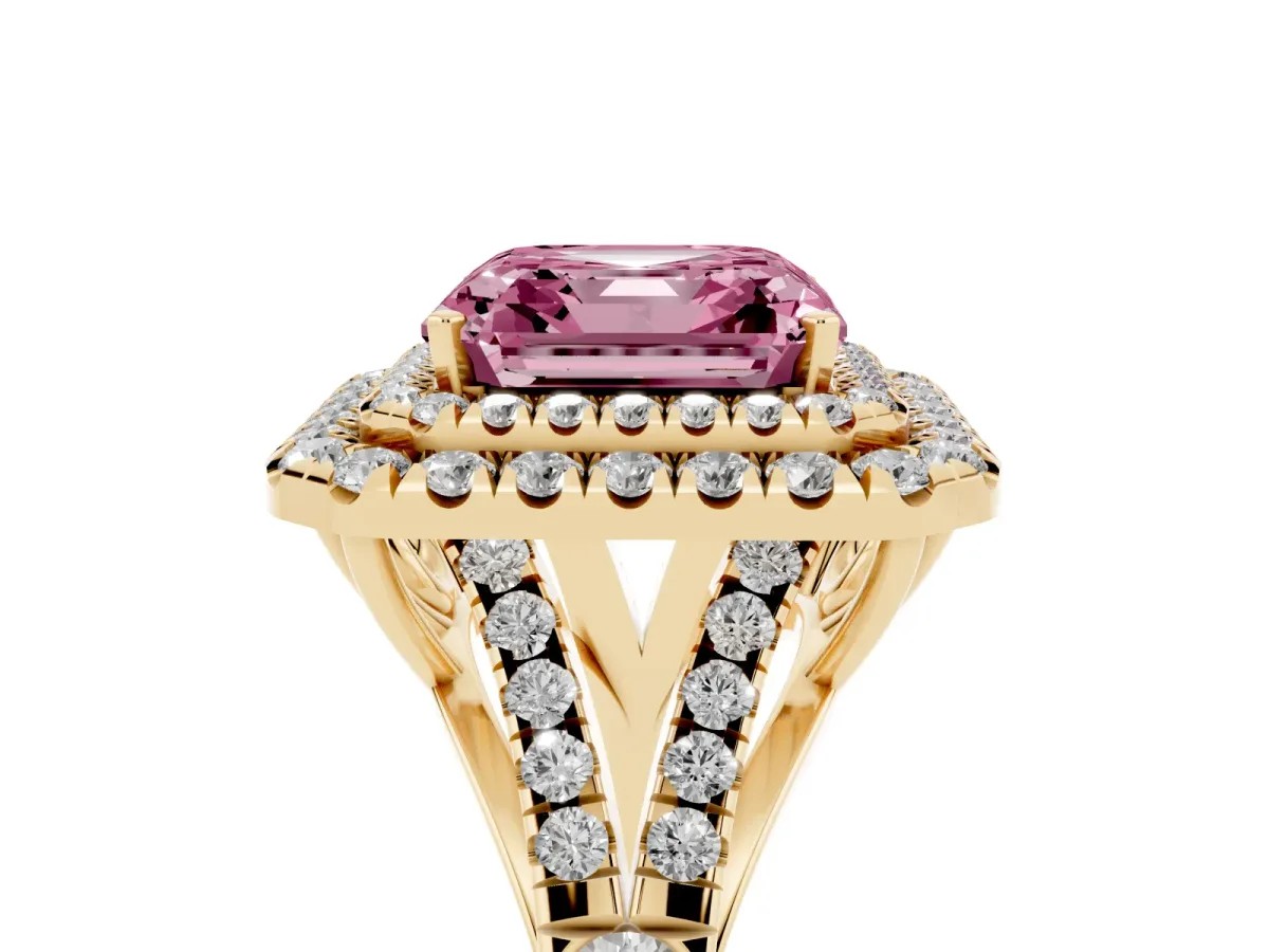 Fancy Pink Asscher Cut Cut Double Halo Split Shank Diamond Ring with Prong Setting Yellow gold