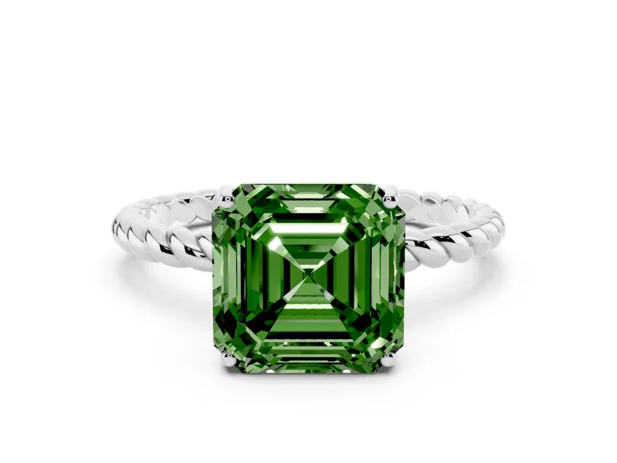 Fancy Green Asscher Cut Solitaire Twisted Band 4-Prong Ring Silver
