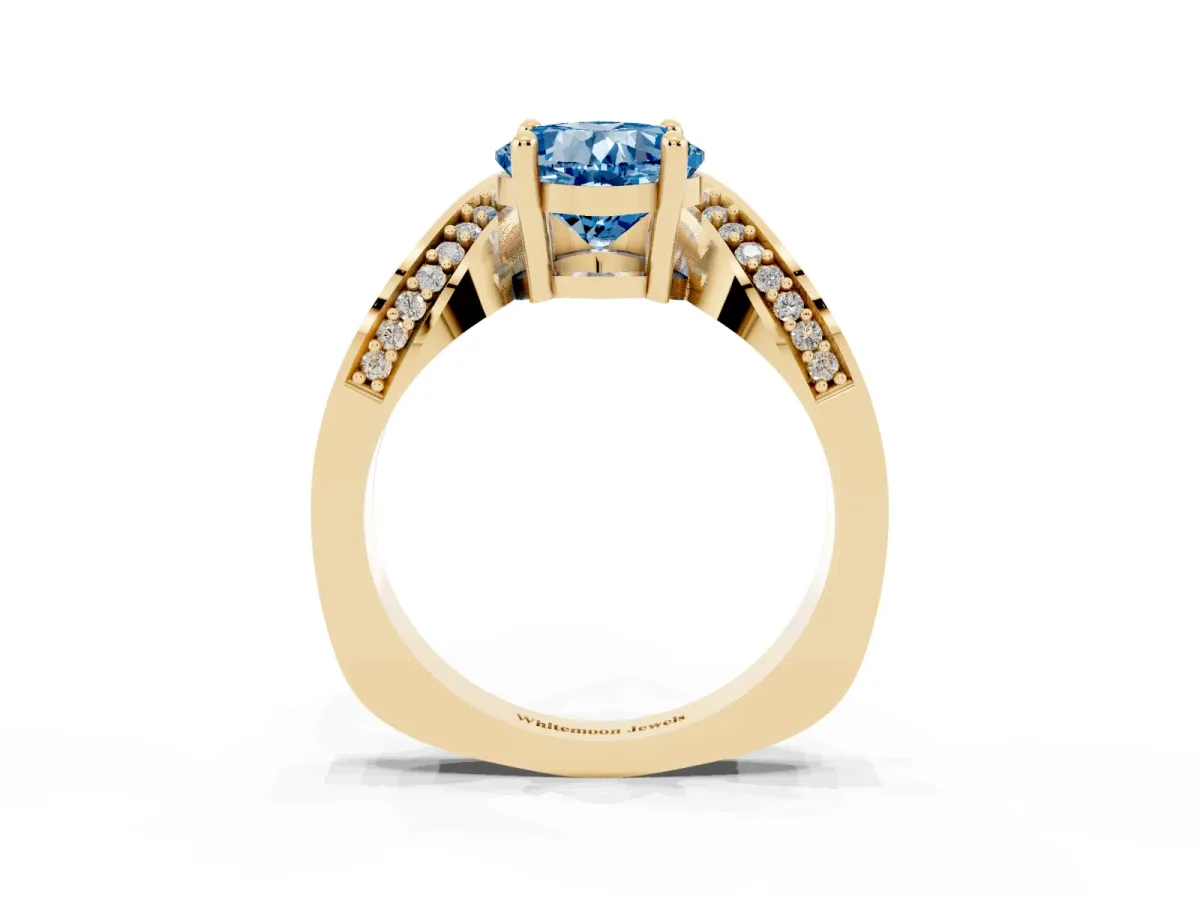 Fancy Blue Cushion Cut Solitaire Diamond Engagement Ring with Pave Band and Four-Prong Setting Yellow gold