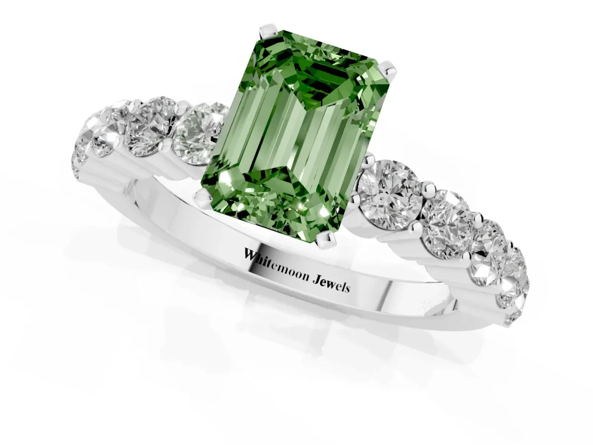 Fancy Green Emerald Cut Diamond Solitaire Ring with Shared Prong Round Side Stones Silver