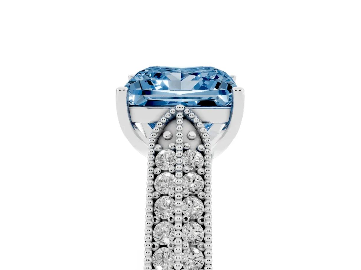 Fancy Blue Princess Cut Cut Pave Split Shank Engagement Ring with Four-Prong Setting Platinum