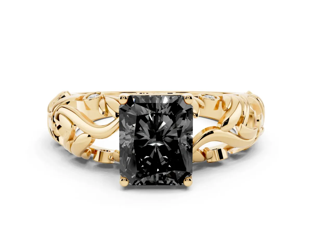 Fancy Black Radiant Cut Solitaire Diamond Leaf-Inspired Vine Band Ring with Prong Setting Yellow gold
