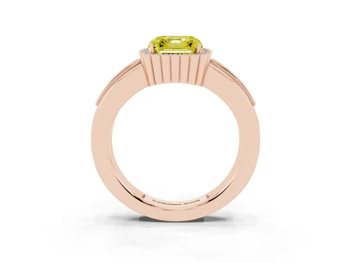 Fancy Yellow Asscher Cut Cut Halo Pave Band Four-Prong Ring Rose gold