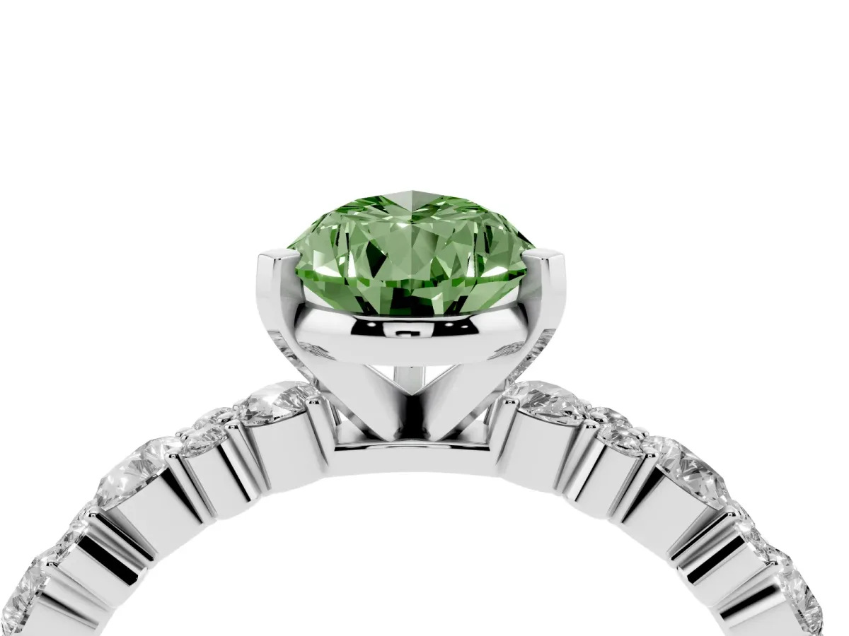 Fancy Green Pear Cut Diamond Side Stone Solitaire Ring with Round and Four-Prong Setting Silver