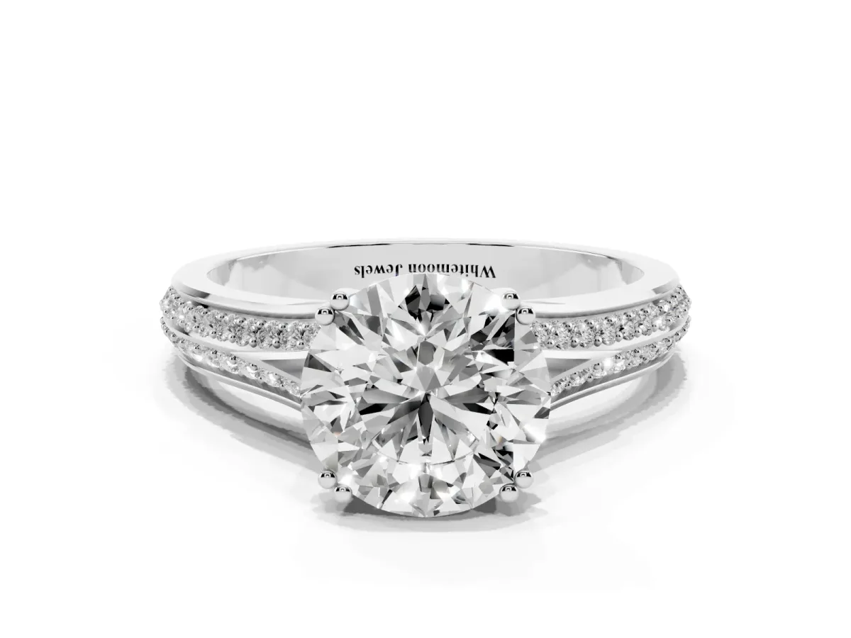 Round Cut Diamond Split Shank Engagement Ring with Pavé Band Silver