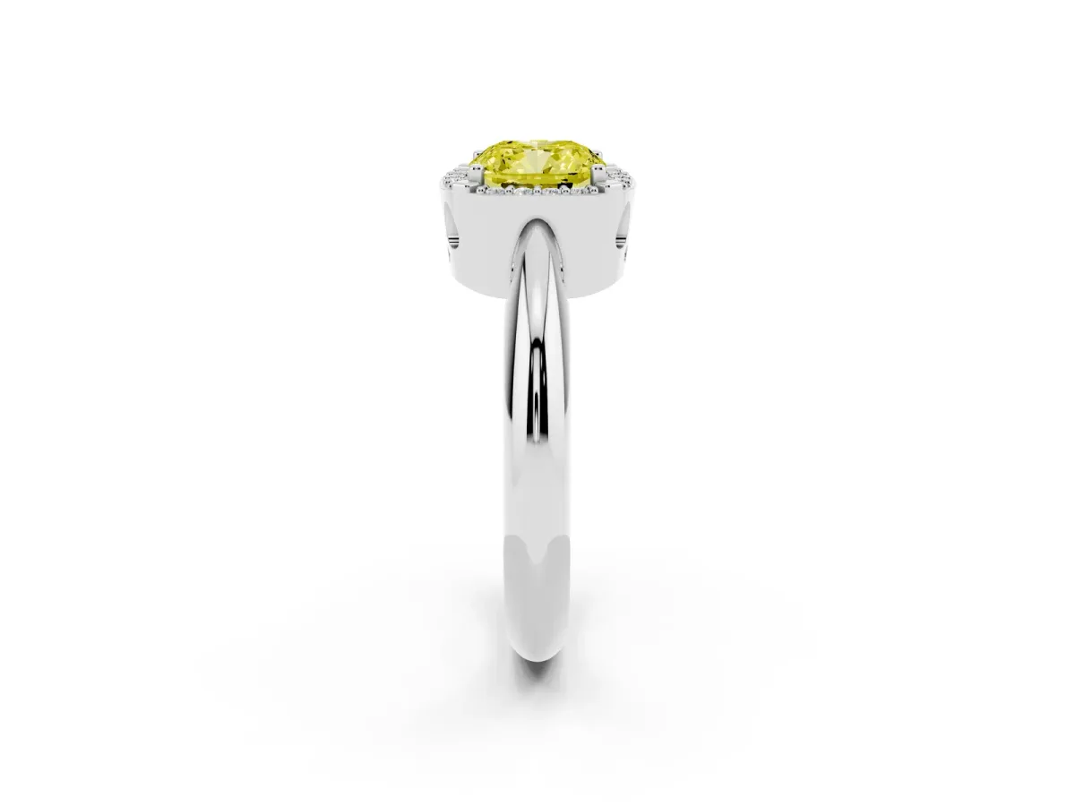 Fancy Yellow Cushion Cut Cut Diamond Halo Engagement Ring with Split Shank and Four-Prong Setting Platinum
