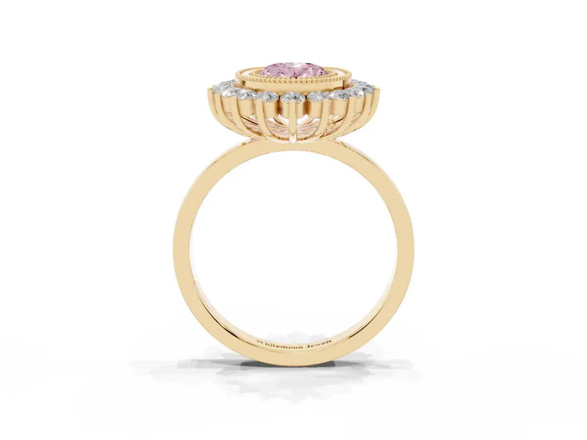 Fancy Pink Oval Cut Halo Diamond Ring with Milgrain Edge and Round Prong Setting Yellow gold