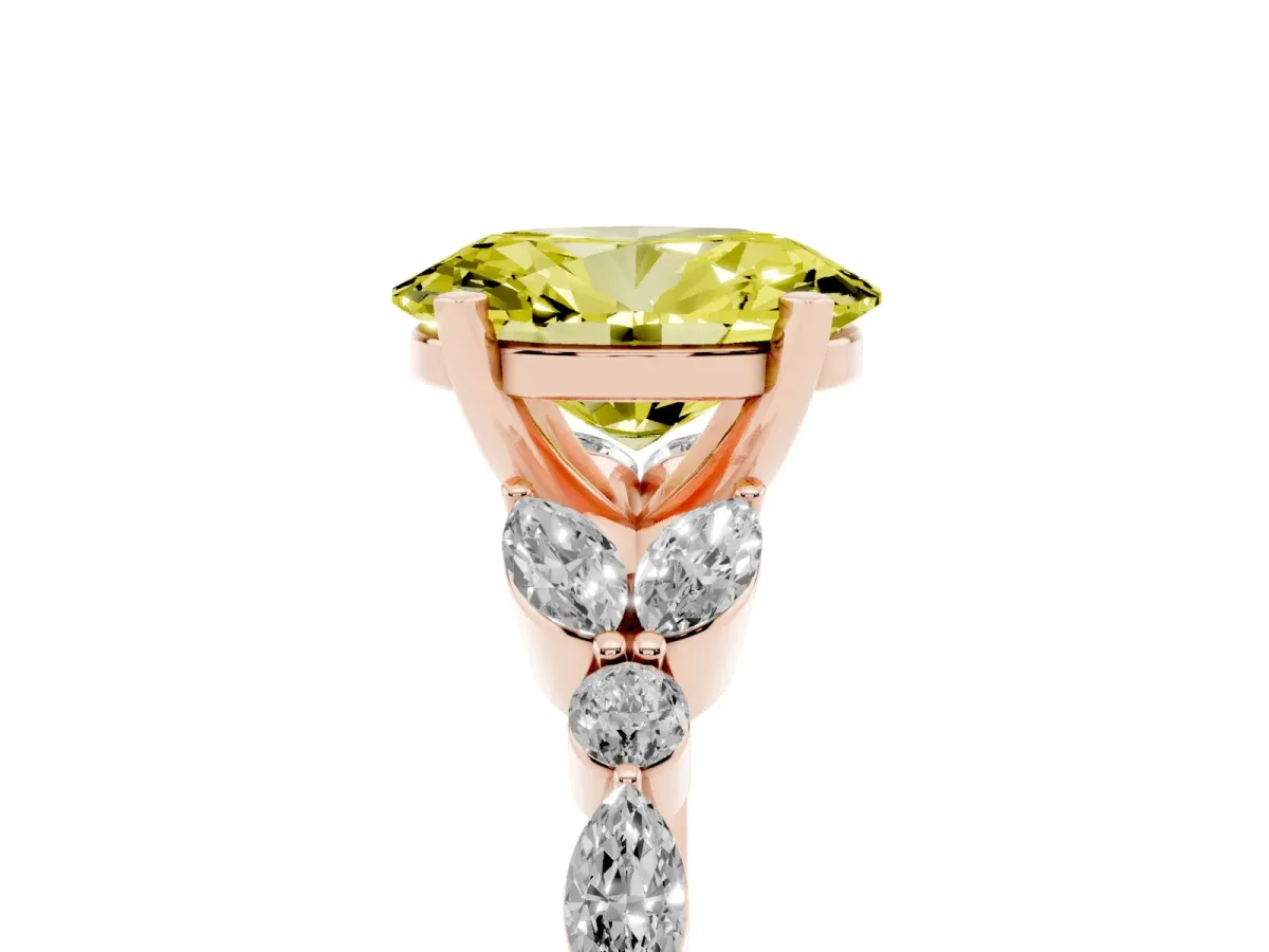 Fancy Yellow Oval Cut Diamond Solitaire Ring with Side Stones and Four-Prong Setting Rose gold