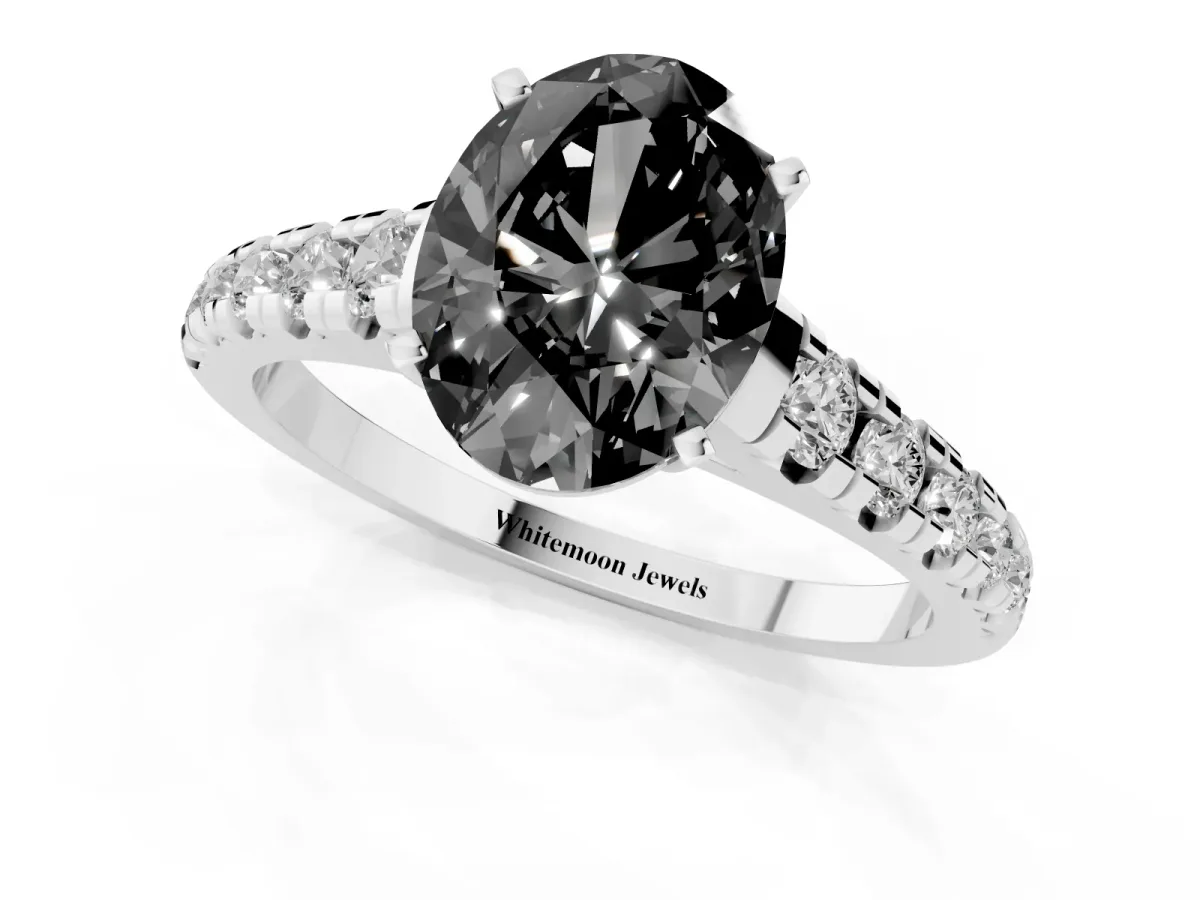 Fancy Black Oval Cut Diamond Cathedral Solitaire Ring with Round Pavé Band Silver