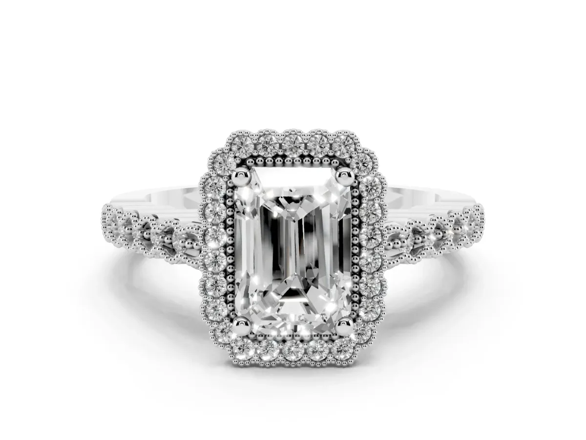 Radiant Cut Cut Halo Pavé Solitaire Ring with Milgrain Band Silver