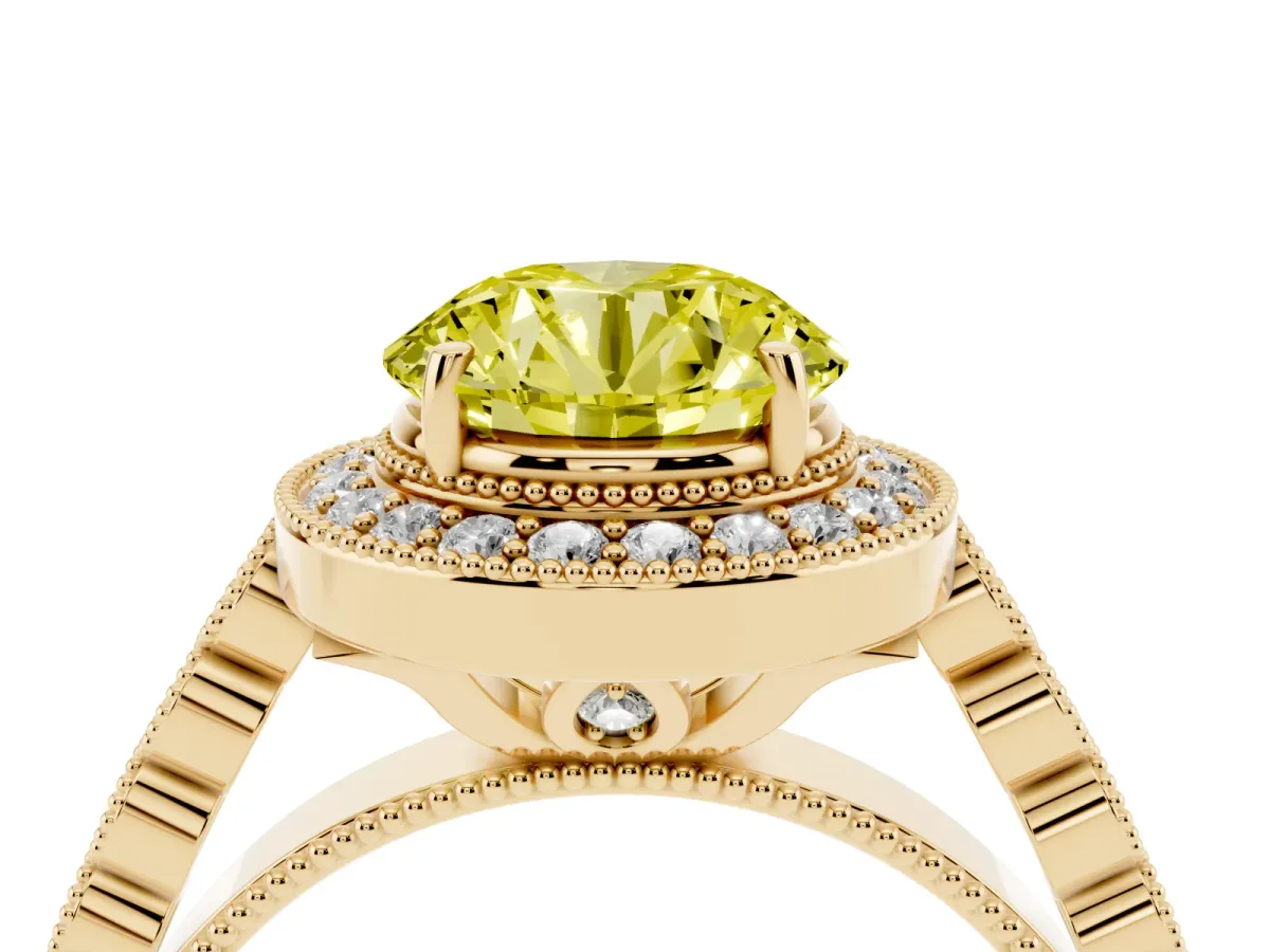 Fancy Yellow Round Cut Halo Milgrain Solitaire with Bezel Set Side Stones and Pave Band Yellow gold