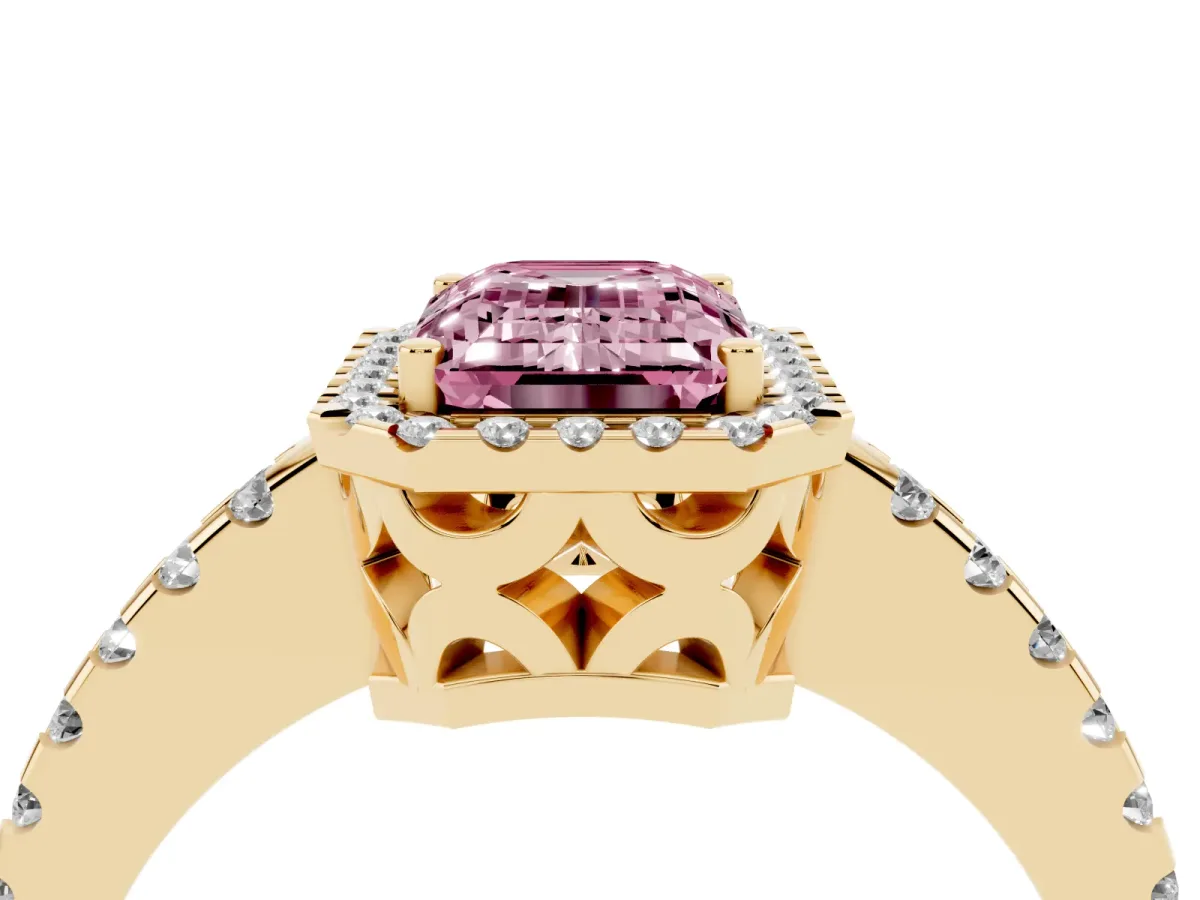 Fancy Pink Emerald Cut Diamond Halo Engagement Ring with Pavé Band and Prong Setting Yellow gold