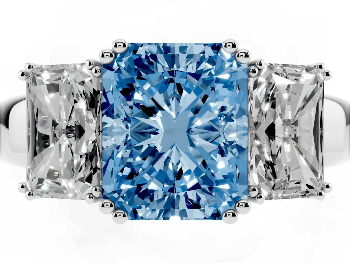 Fancy Blue Three-Stone Radiant Cut Cut Diamond Ring with Channel Set Band and Four-Prong Setting Silver