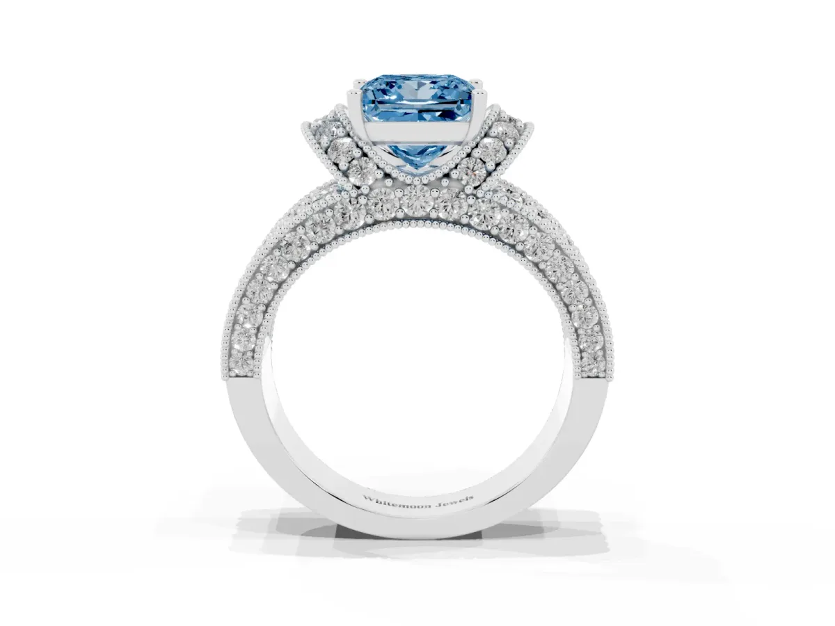 Fancy Blue Princess Cut Halo Pave Diamond Engagement Ring with Milgrain Detailing Silver