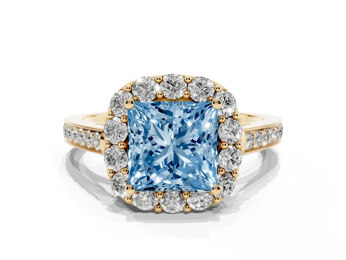 Fancy Blue Princess Cut Diamond Floral Halo Ring with Pavé Band and Prong Setting Yellow gold