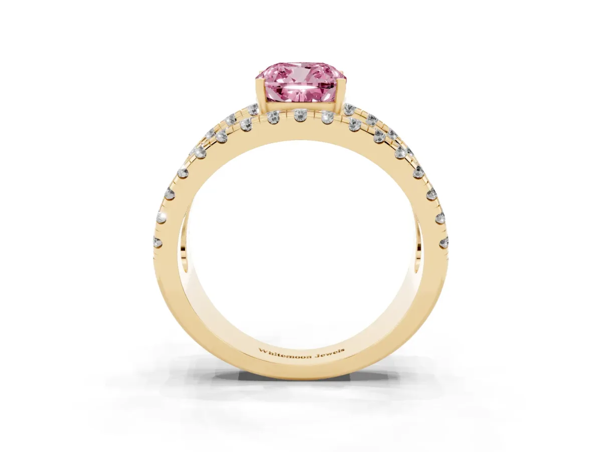 Fancy Pink Cushion Cut Solitaire Split Shank Pave Diamond Ring Yellow gold