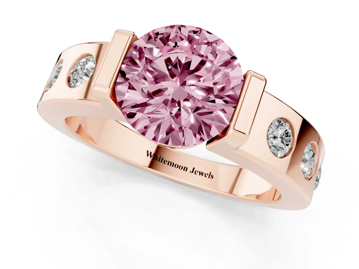 Fancy Pink Round Cut Brilliant Channel-Set Diamond Ring with Bezel Prong Setting Rose gold