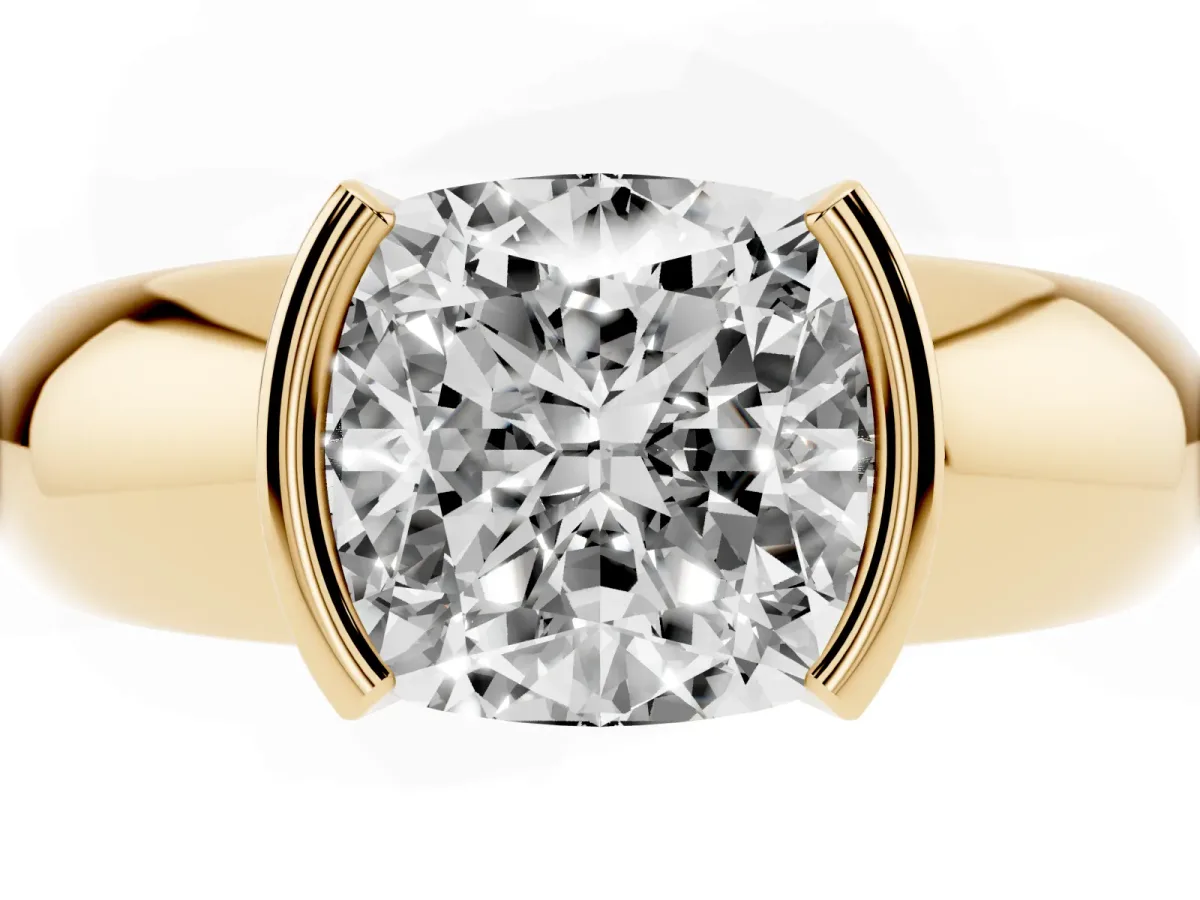 Cushion Cut Solitaire Tension Set Diamond Ring with Wide Band Yellow gold