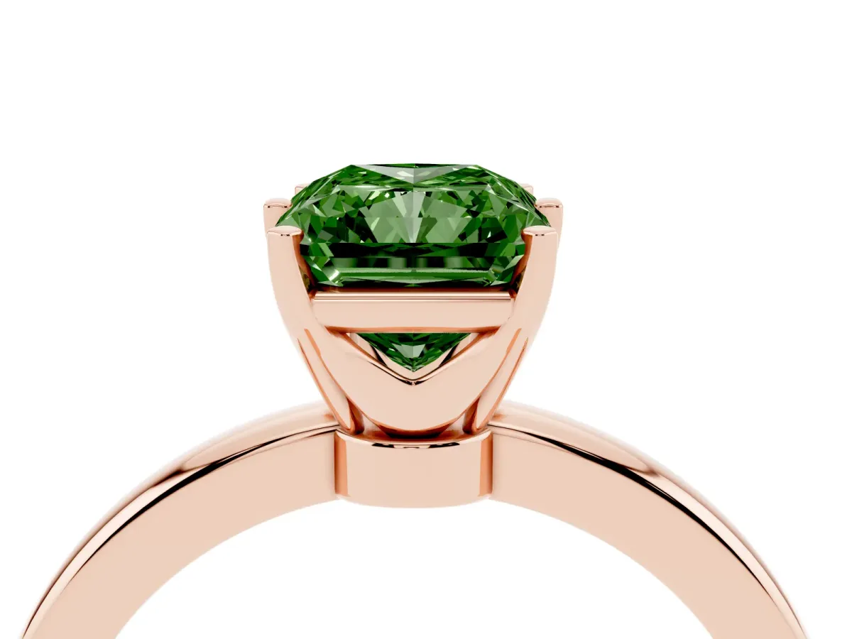 Fancy Green Radiant Cut Solitaire Diamond Ring with Six-Prong Setting on a Classic Band Rose gold