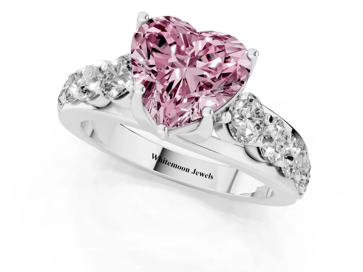 Fancy Pink Heart Cut Diamond Engagement Ring with Pavé Band and Four-Prong Setting Silver