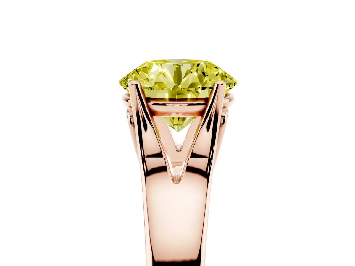 Fancy Yellow Round Cut Solitaire Diamond Ring with Cathedral Band and Four-Prong Setting Rose gold