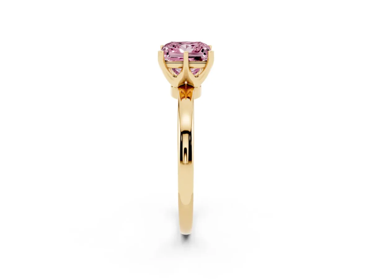 Fancy Pink Princess Cut Solitaire Diamond Ring with Six-Prong Setting on a Classic Band Yellow gold