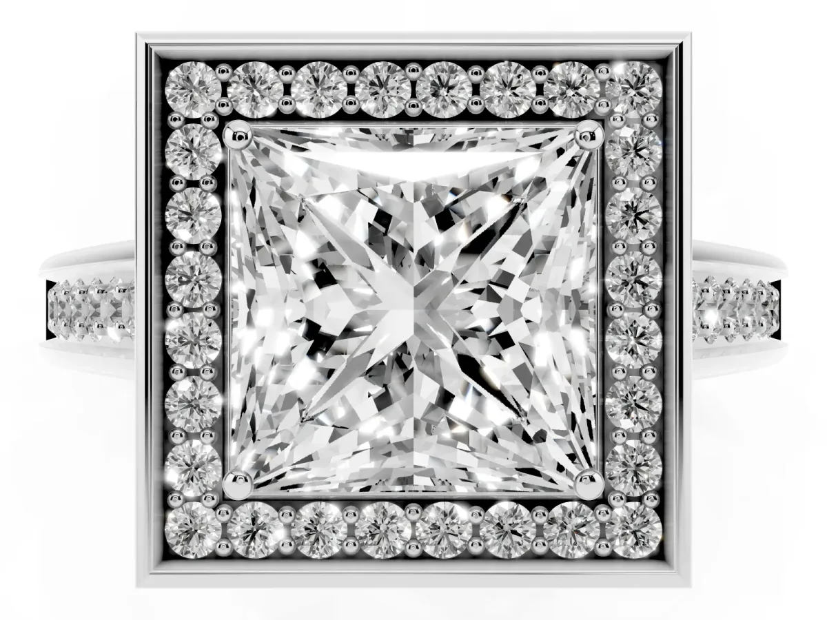 Princess Cut Halo Solitaire Diamond Ring with Pave Band and Bezel Setting Silver