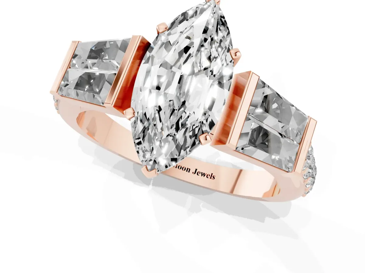 Marquise Cut Diamond Engagement Ring with Baguette Side Stones and Channel Set Band Rose gold