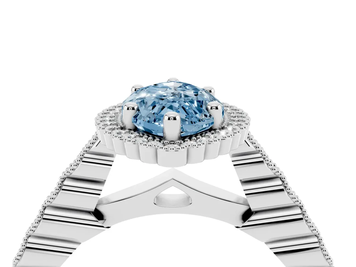 Fancy Blue Marquise Cut Cut Halo Pavé Solitaire Ring with Milgrain Band Silver