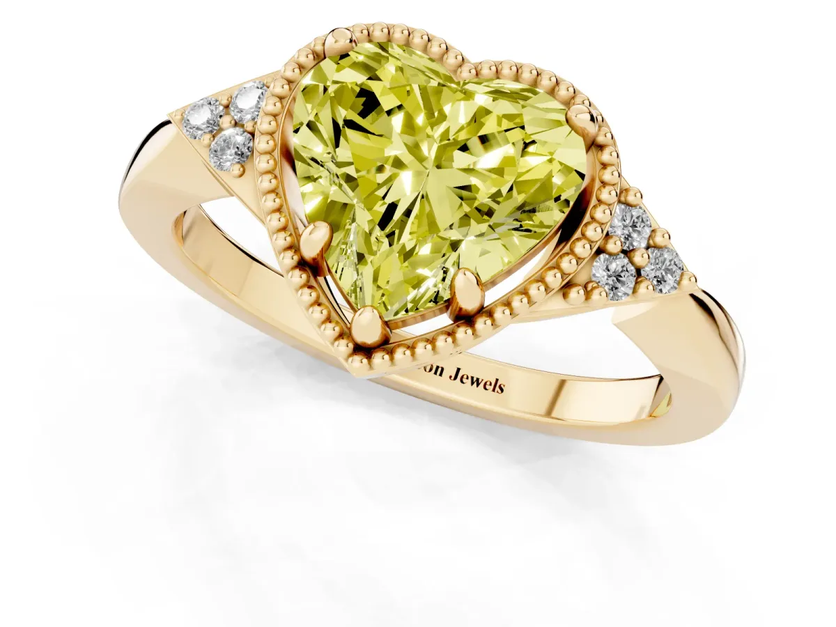 Fancy Yellow Heart Cut Diamond Halo Ring with Tapered Band and Four-Prong Setting Yellow gold