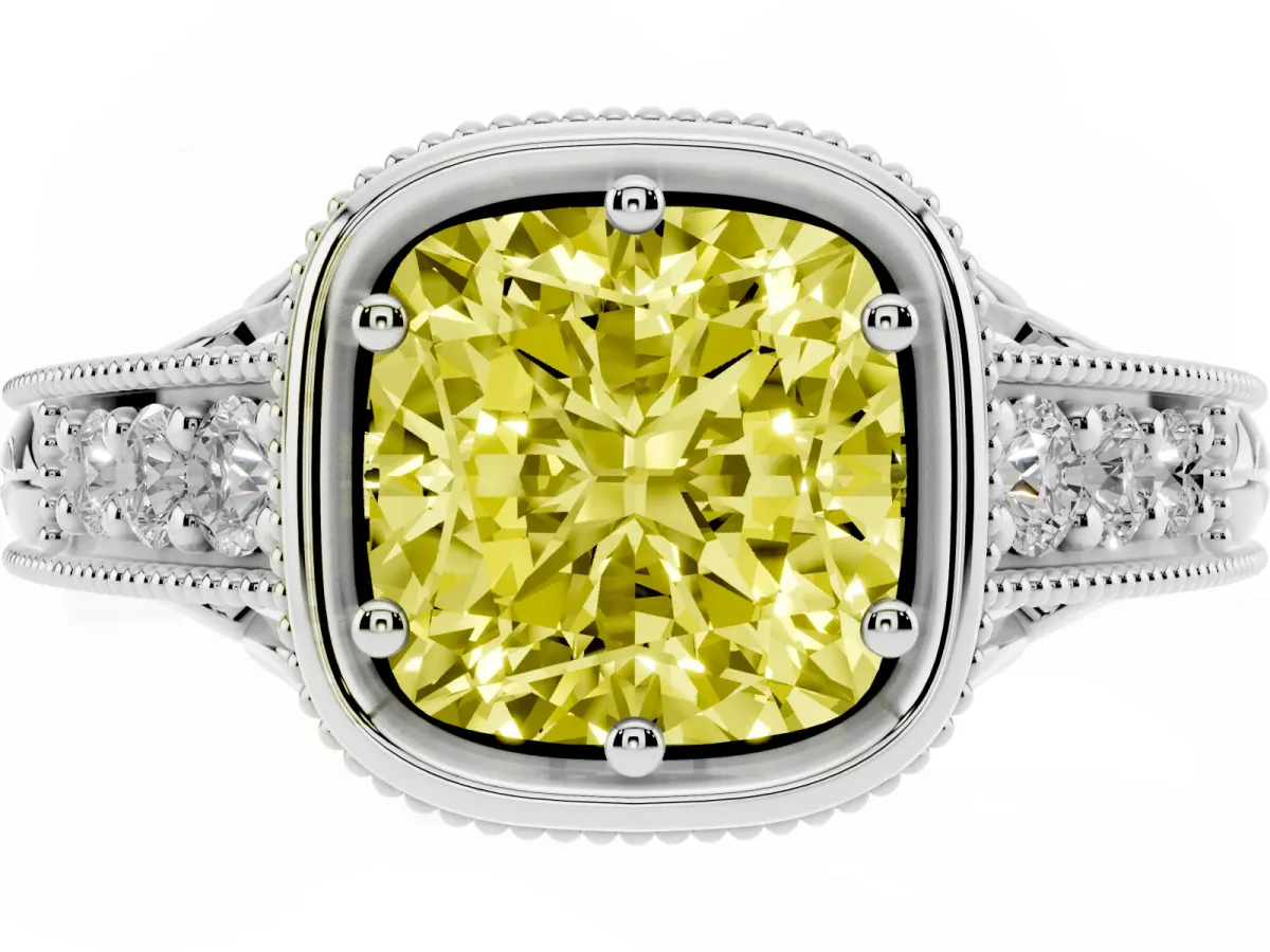 Fancy Yellow Bezel Set Cushion Cut Diamond Milgrain Pave Engagement Ring Silver