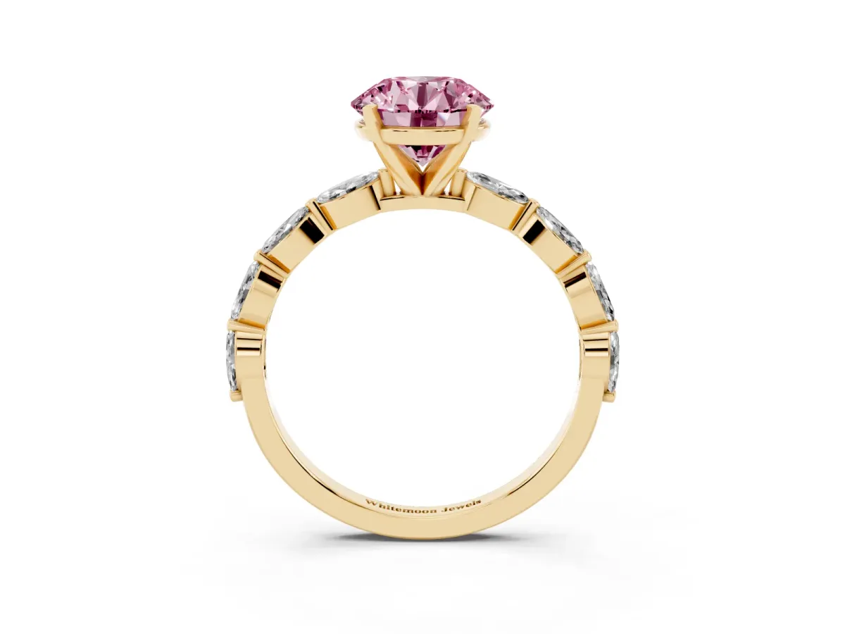 Fancy Pink Round Cut Diamond Ring with Marquise Side Stones and Prong Setting Yellow gold