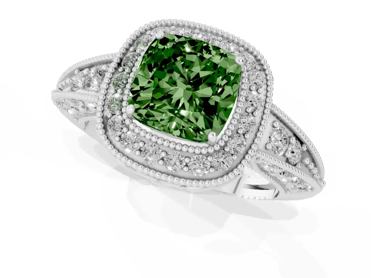 Fancy Green Cushion Cut Halo Diamond Split Shank Ring with Milgrain Detail Platinum