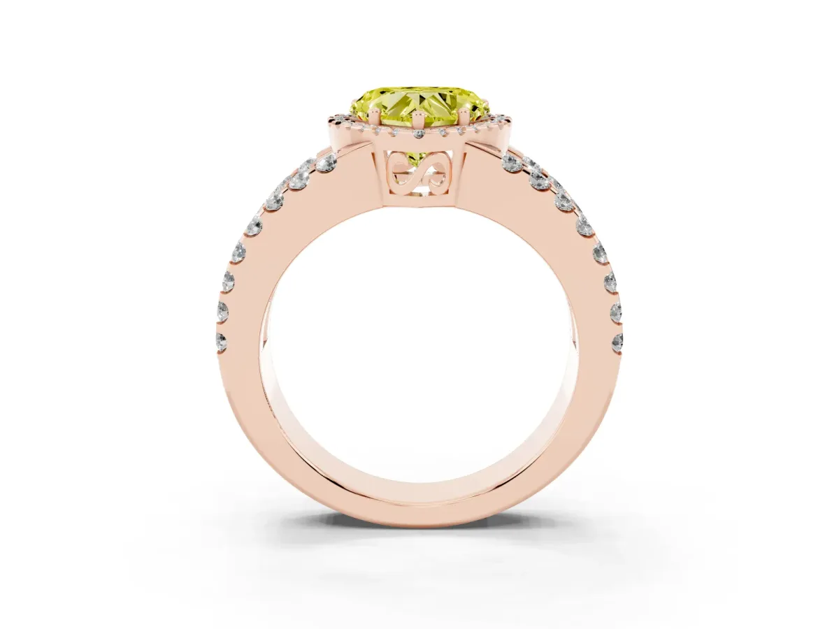 Fancy Yellow Heart Cut Cut Halo Split Shank Diamond Ring with Four-Prong Setting Rose gold